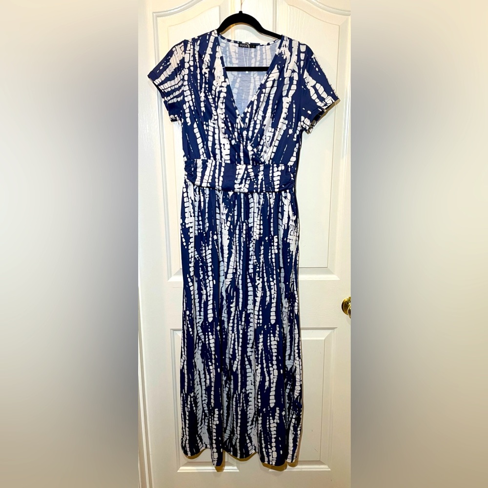 Navy Blue & White V Neck Short Sleeve Maxi Dress Large NWOT